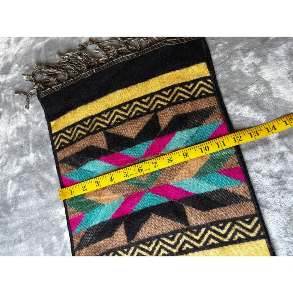 El Paso Saddleblanket Co Southwestern Geometric Fringe Scarf Black Yellow Pink
